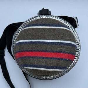 Striped Metal Camping Canteen with Shoulder Strap and Screw-on Lid